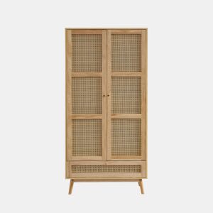 Armário com barra e 2 portas - Com tampa inferior rebatível, design em vime - Cor natural