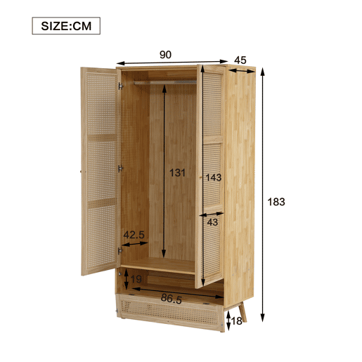 Armário com barra e 2 portas - Com tampa inferior rebatível, design em vime - Cor natural