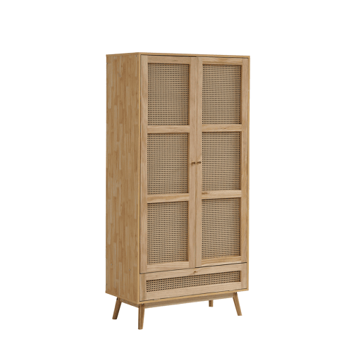 Armário com barra e 2 portas - Com tampa inferior rebatível, design em vime - Cor natural
