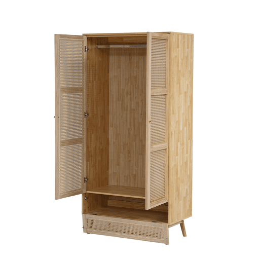 Armário com barra e 2 portas - Com tampa inferior rebatível, design em vime - Cor natural