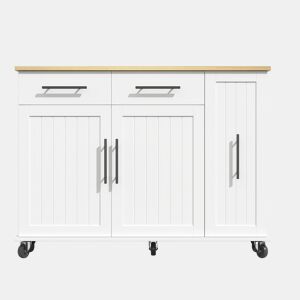 Ilha de cozinha 120 cm - com tampo rebatível, carrinho de armazenamento com 3 prateleiras removíveis, rack interno, carrinho móvel com toalheiro e 2 gavetas - Branco+Natural