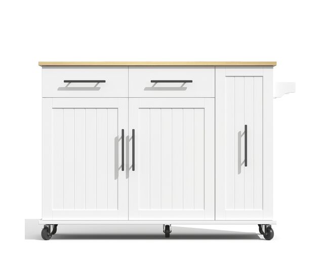 Isla de cocina 120cm - con hoja abatible, carrito de almacenamiento con 3 estantes extraíbles, rack interno, carrito móvil con toallero y 2 cajones -