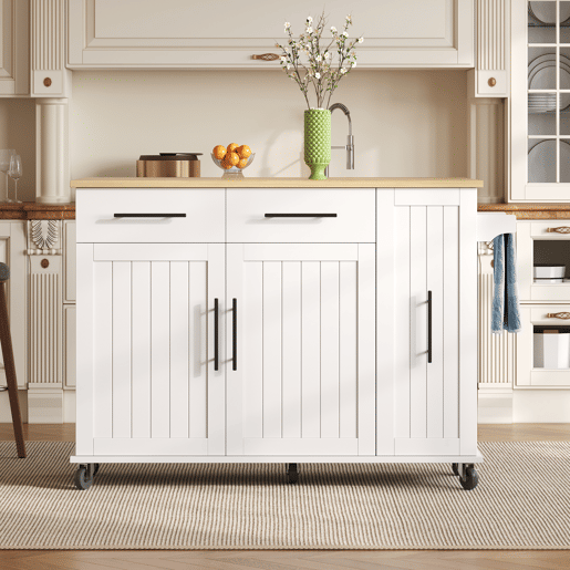 Ilha de cozinha 120 cm - com tampo rebatível, carrinho de armazenamento com 3 prateleiras removíveis, rack interno, carrinho móvel com toalheiro e 2 gavetas - Branco+Natural