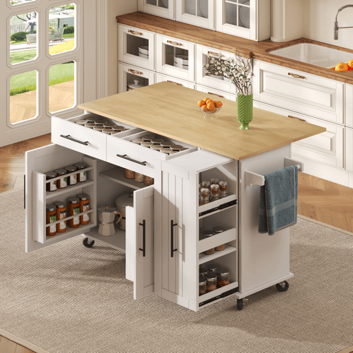 Ilha de cozinha 120 cm - com tampo rebatível, carrinho de armazenamento com 3 prateleiras removíveis, rack interno, carrinho móvel com toalheiro e 2 gavetas - Branco+Natural