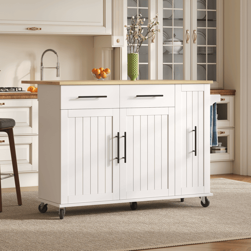 Ilha de cozinha 120 cm - com tampo rebatível, carrinho de armazenamento com 3 prateleiras removíveis, rack interno, carrinho móvel com toalheiro e 2 gavetas - Branco+Natural