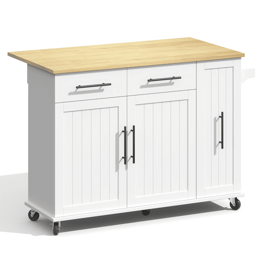 Ilha de cozinha 120 cm - com tampo rebatível, carrinho de armazenamento com 3 prateleiras removíveis, rack interno, carrinho móvel com toalheiro e 2 gavetas - Branco+Natural