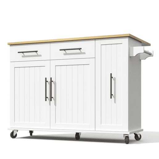 Ilha de cozinha 120 cm - com tampo rebatível, carrinho de armazenamento com 3 prateleiras removíveis, rack interno, carrinho móvel com toalheiro e 2 gavetas - Branco+Natural