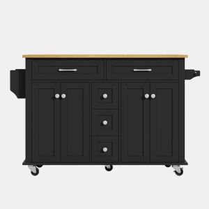 Carrinho de cozinha multifuncional 120×65 cm - com 5 gavetas, prateleiras, suporte para especiarias e toalhas, com rodas - Preto+Natural