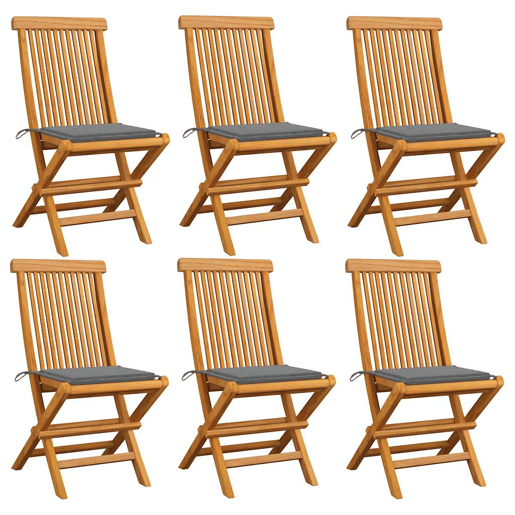 Cadeiras de jardim - Cadeiras de exterior c almofadões cinzentos 6 pcs teca maciça