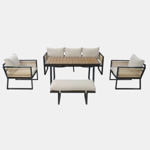 Conjunto de jardim de 5 peças - Sofá de 3 lugares, 2 cadeiras, banco e mesa de jantar, estrutura em aço galvanizado, braços em corda trançada - Bege