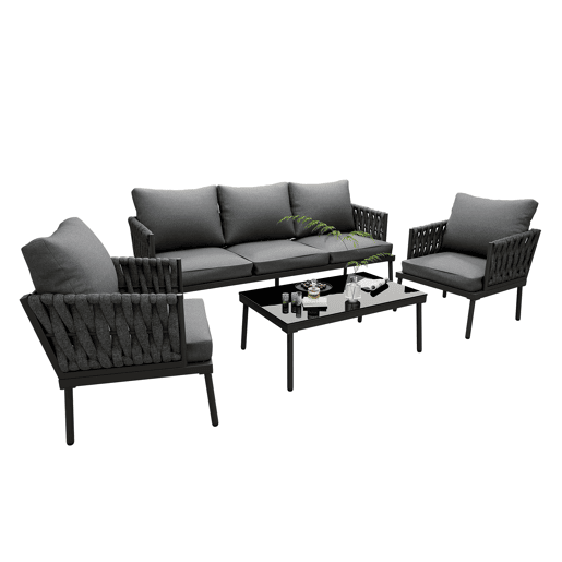 Conjunto de móveis de jardim com 5 peças - Sofá de 3 lugares, 2 poltronas e mesa de centro - Cinza