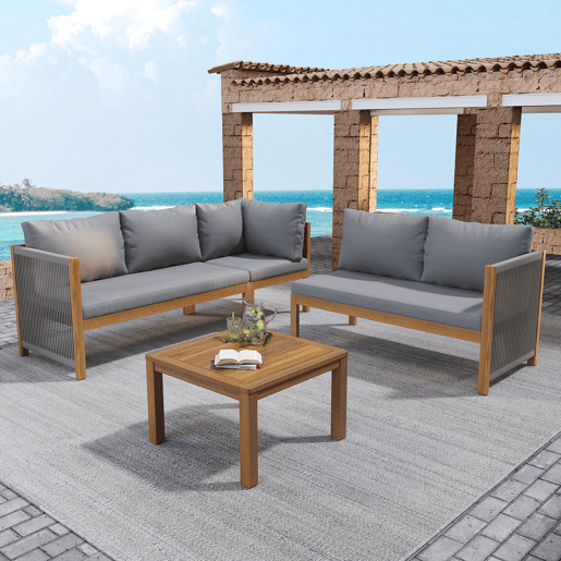 Conjunto de mobiliário de jardim - Sofá de canto + Mesa de centro - Estrutura em acácia, tampo da mesa em acácia, corda trançada - Cinza