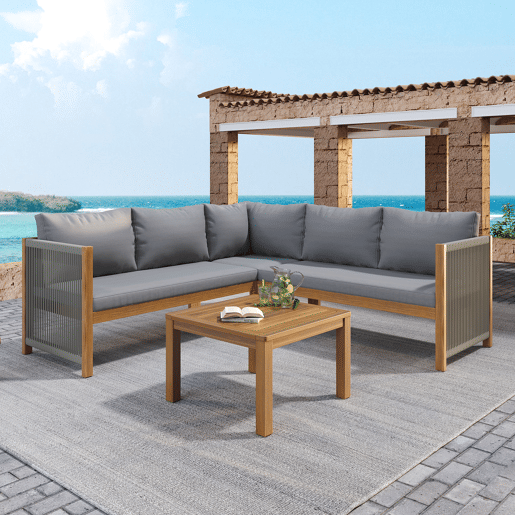 Conjunto de mobiliário de jardim - Sofá de canto + Mesa de centro - Estrutura em acácia, tampo da mesa em acácia, corda trançada - Cinza