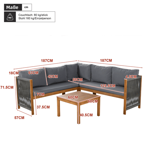 Conjunto de mobiliário de jardim - Sofá de canto + Mesa de centro - Estrutura em acácia, tampo da mesa em acácia, corda trançada - Cinza