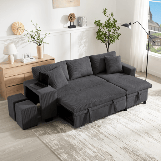 Sofá-cama em L para 3 pessoas - Convertível, com USB, almofadas e arrumação - Cinza