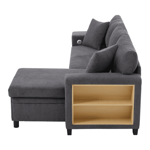 Sofá-cama em L para 3 pessoas - Convertível, com USB, almofadas e arrumação - Cinza