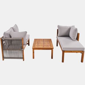 Conjunto de cadeiras de jardim (3 peças) - Estrutura em acácia, braços em corda cinzenta, móveis de jardim em forma de L com pés ajustáveis - Cinza