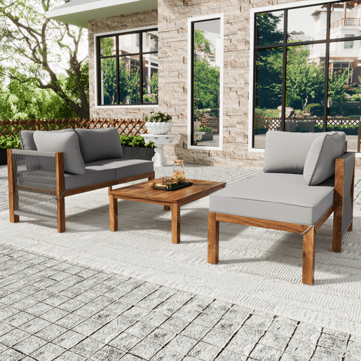 Conjunto de cadeiras de jardim (3 peças) - Estrutura em acácia, braços em corda cinzenta, móveis de jardim em forma de L com pés ajustáveis - Cinza