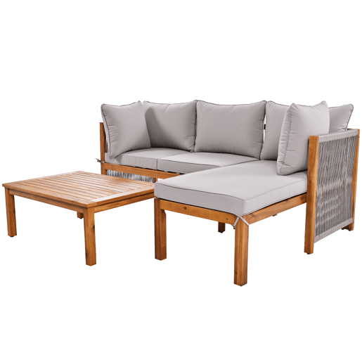 Conjunto de cadeiras de jardim (3 peças) - Estrutura em acácia, braços em corda cinzenta, móveis de jardim em forma de L com pés ajustáveis - Cinza