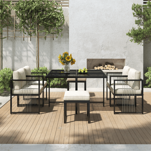 Conjunto de mesa e cadeiras para exteriores 7 peças - Mesa de vidro temperado - para 6 pessoas - Preto e Branco