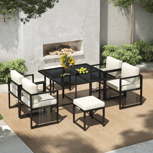 Conjunto de mesa e cadeiras para exteriores 7 peças - Mesa de vidro temperado - para 6 pessoas - Preto e Branco