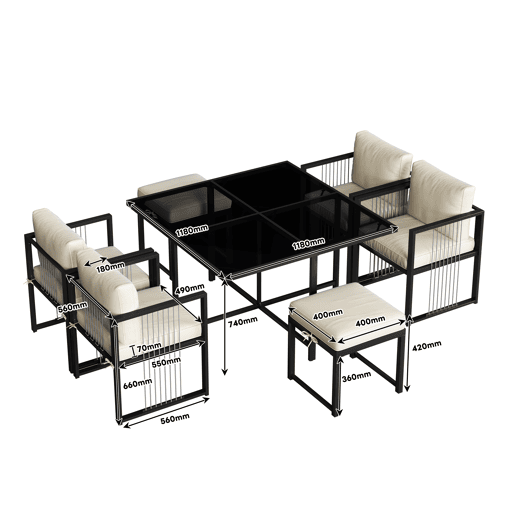 Conjunto de mesa e cadeiras para exteriores 7 peças - Mesa de vidro temperado - para 6 pessoas - Preto e Branco