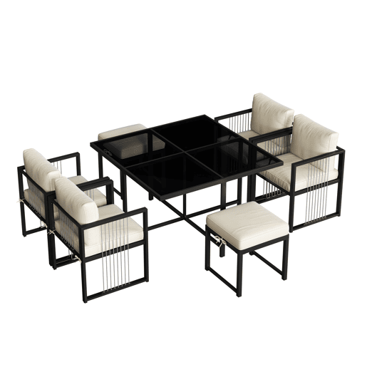 Conjunto de mesa e cadeiras para exteriores 7 peças - Mesa de vidro temperado - para 6 pessoas - Preto e Branco