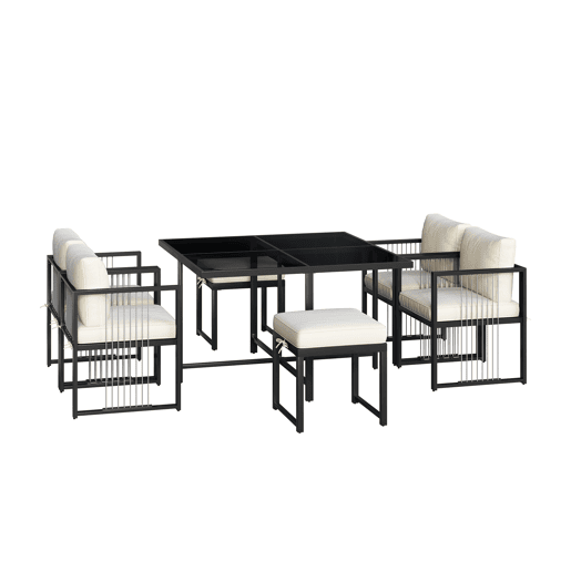 Conjunto de mesa e cadeiras para exteriores 7 peças - Mesa de vidro temperado - para 6 pessoas - Preto e Branco