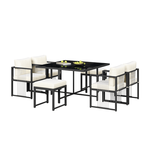 Conjunto de mesa e cadeiras para exteriores 7 peças - Mesa de vidro temperado - para 6 pessoas - Preto e Branco