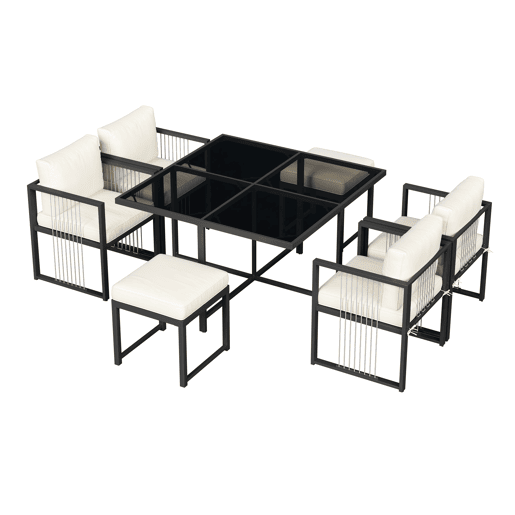 Conjunto de mesa e cadeiras para exteriores 7 peças - Mesa de vidro temperado - para 6 pessoas - Preto e Branco