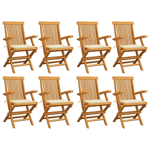 Cadeiras de jardim - Cadeiras de exterior c almofadões creme 8 pcs teca maciça