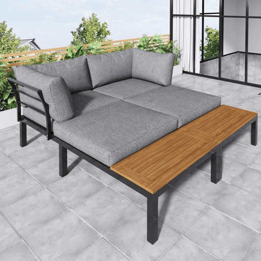 Conjunto de jardim (2 sofás de 2 lugares, 2 mesas auxiliares, 1 mesa) - Tampo em acácia maciça, capa de tecido para encosto - Cinza