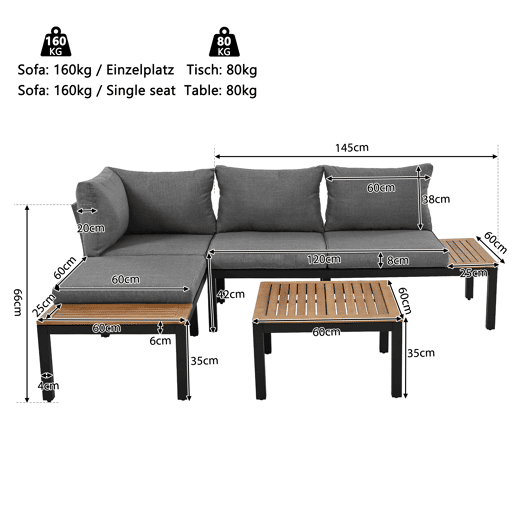 Conjunto de jardim (2 sofás de 2 lugares, 2 mesas auxiliares, 1 mesa) - Tampo em acácia maciça, capa de tecido para encosto - Cinza