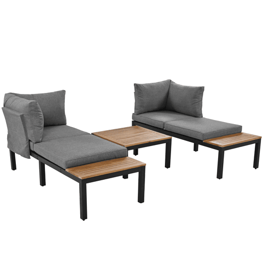 Conjunto de jardim (2 sofás de 2 lugares, 2 mesas auxiliares, 1 mesa) - Tampo em acácia maciça, capa de tecido para encosto - Cinza
