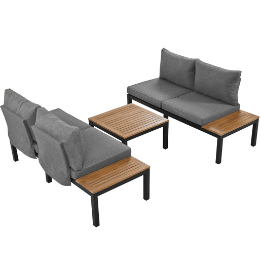 Conjunto de jardim (2 sofás de 2 lugares, 2 mesas auxiliares, 1 mesa) - Tampo em acácia maciça, capa de tecido para encosto - Cinza