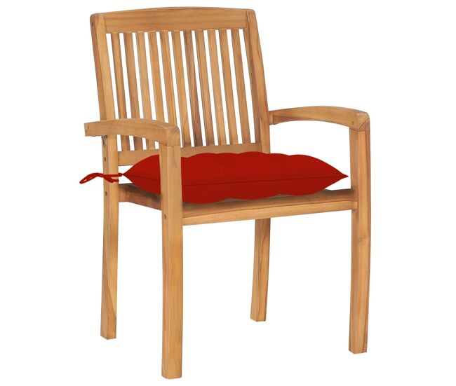 Juego de 2 sillas de jardín - sillas de exterior - sillas terraza madera maciza de teca con cojines rojos
