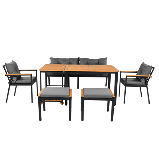 Conjunto de sala de jantar exterior para 6-7 pessoas - Mesa de jardim com cadeiras e carrinho removível, almofada removível e lavável - Preto+Cinza, Natural