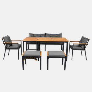 Conjunto de sala de jantar exterior para 6-7 pessoas - Mesa de jardim com cadeiras e carrinho removível, almofada removível e lavável - Preto+Cinza, Natural