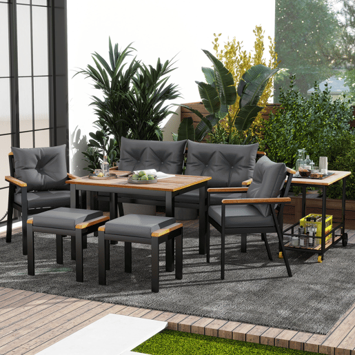 Conjunto de sala de jantar exterior para 6-7 pessoas - Mesa de jardim com cadeiras e carrinho removível, almofada removível e lavável - Preto+Cinza, Natural