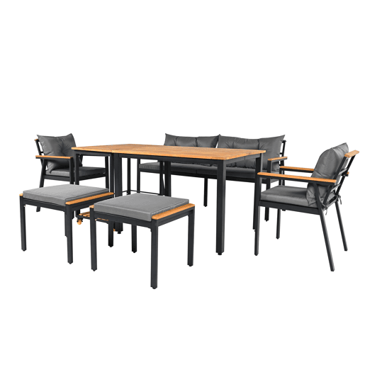 Conjunto de sala de jantar exterior para 6-7 pessoas - Mesa de jardim com cadeiras e carrinho removível, almofada removível e lavável - Preto+Cinza, Natural