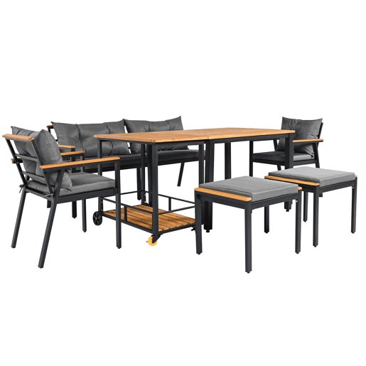 Conjunto de sala de jantar exterior para 6-7 pessoas - Mesa de jardim com cadeiras e carrinho removível, almofada removível e lavável - Preto+Cinza, Natural