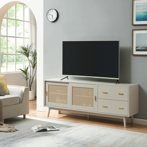 Armário de TV Susa 2 portas de correr de polyrattan 160x40x65 cm Bege en.casa