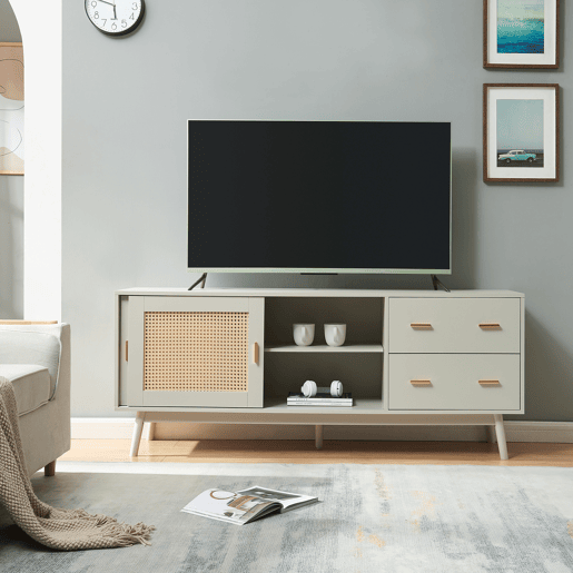 Armário de TV Susa 2 portas de correr de polyrattan 160x40x65 cm Bege en.casa