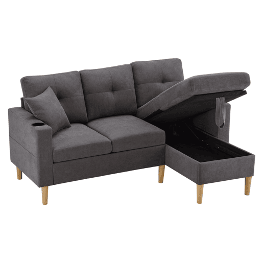 Sofá moderno em L de 3 lugares com chaise longue - arrumação, porta-copos, 2 almofadas - cinzento