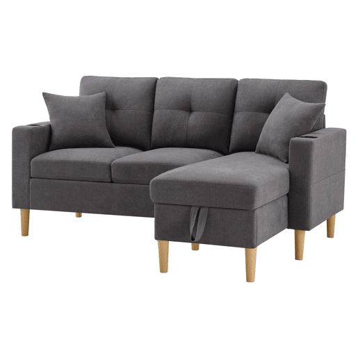 Sofá moderno em L de 3 lugares com chaise longue - arrumação, porta-copos, 2 almofadas - cinzento
