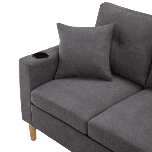 Sofá moderno em L de 3 lugares com chaise longue - arrumação, porta-copos, 2 almofadas - cinzento