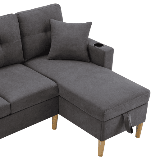 Sofá moderno em L de 3 lugares com chaise longue - arrumação, porta-copos, 2 almofadas - cinzento