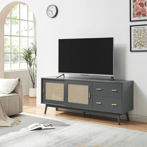 Armário de TV Susa 2 portas de correr de polyrattan 160x40x65 cm Cinzento en.casa