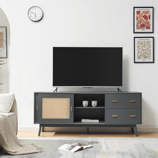 Armário de TV Susa 2 portas de correr de polyrattan 160x40x65 cm Cinzento en.casa