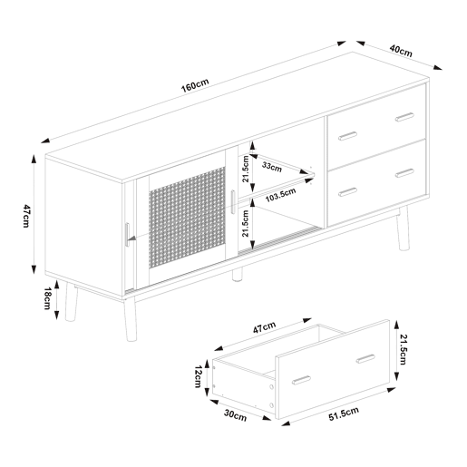 Armário de TV Susa 2 portas de correr de polyrattan 160x40x65 cm Cinzento en.casa